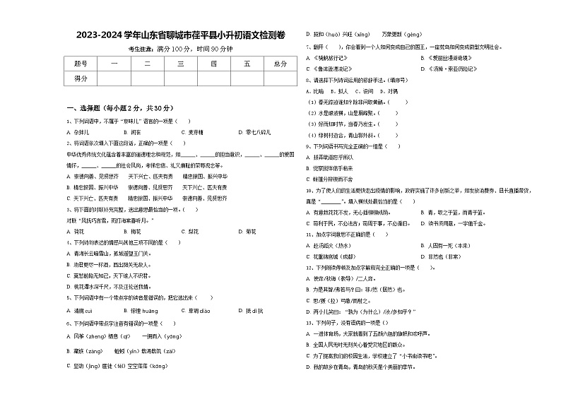 2023-2024学年山东省聊城市荏平县小升初语文检测卷含答案第1页