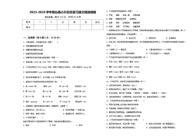 2023-2024学年桓台县小升初总复习语文精选精练含答案01