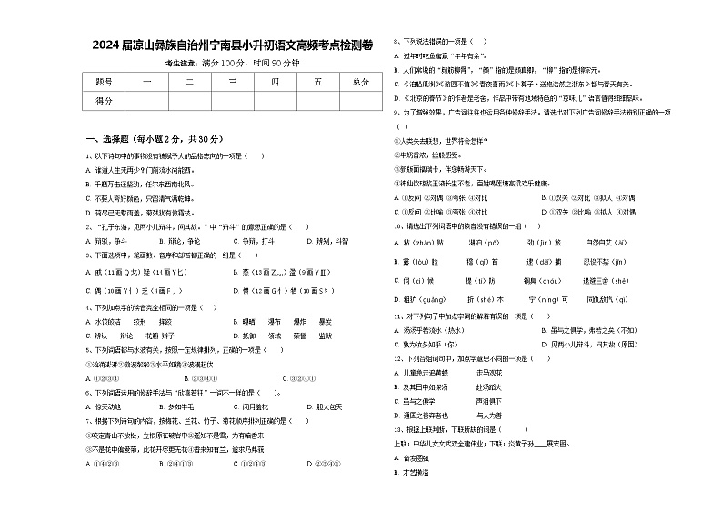 2024届凉山彝族自治州宁南县小升初语文高频考点检测卷含答案01