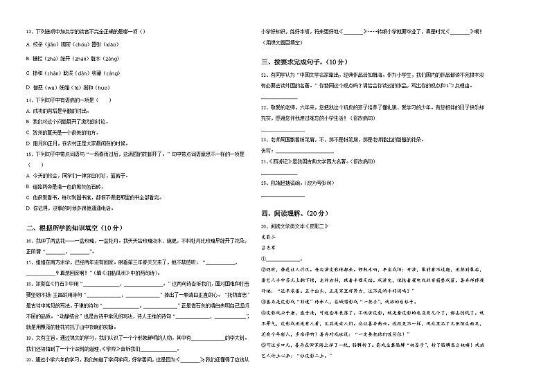 2024届平舆县六年级下学期小升初真题精选语文试卷含答案第2页