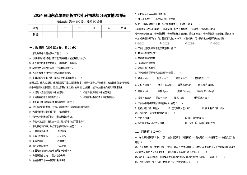 2024届山东省单县启智学校小升初总复习语文精选精练含答案第1页