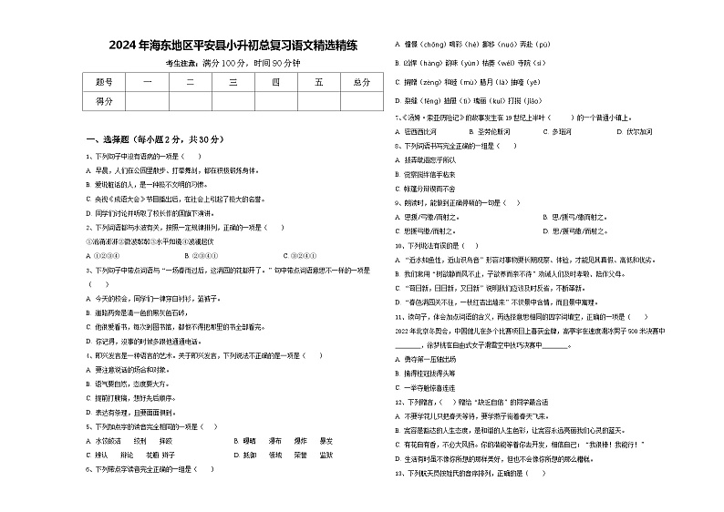 2024年海东地区平安县小升初总复习语文精选精练含答案第1页