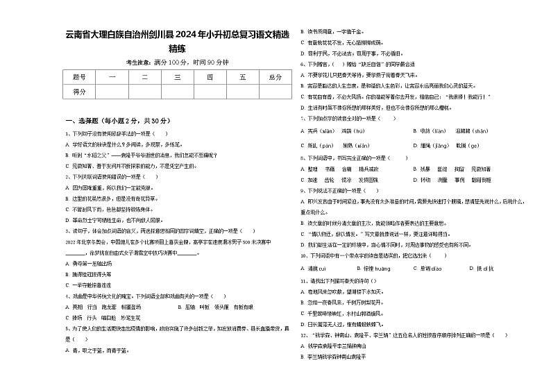 云南省大理白族自治州剑川县2024年小升初总复习语文精选精练含答案01