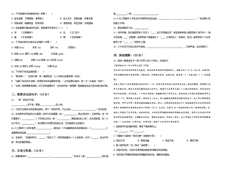 安徽省宿州市泗县2024年小升初考试语文试卷含答案第2页