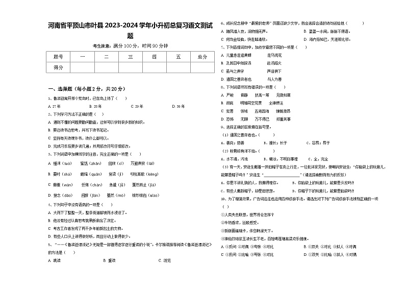 河南省平顶山市叶县2023-2024学年小升初总复习语文测试题含答案01