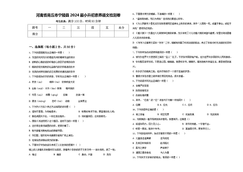 河南省商丘市宁陵县2024届小升初素养语文检测卷含答案第1页