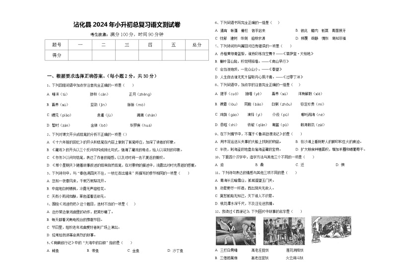 沾化县2024年小升初总复习语文测试卷含答案01