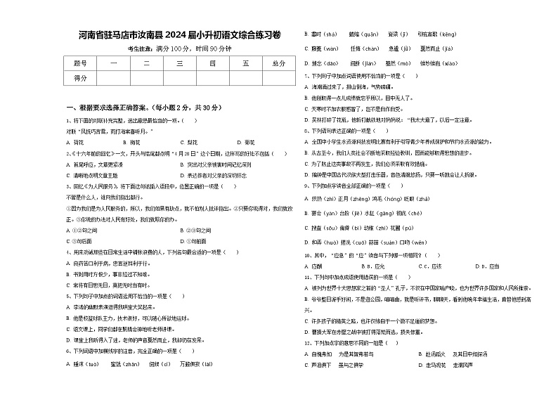 河南省驻马店市汝南县2024届小升初语文综合练习卷含答案01