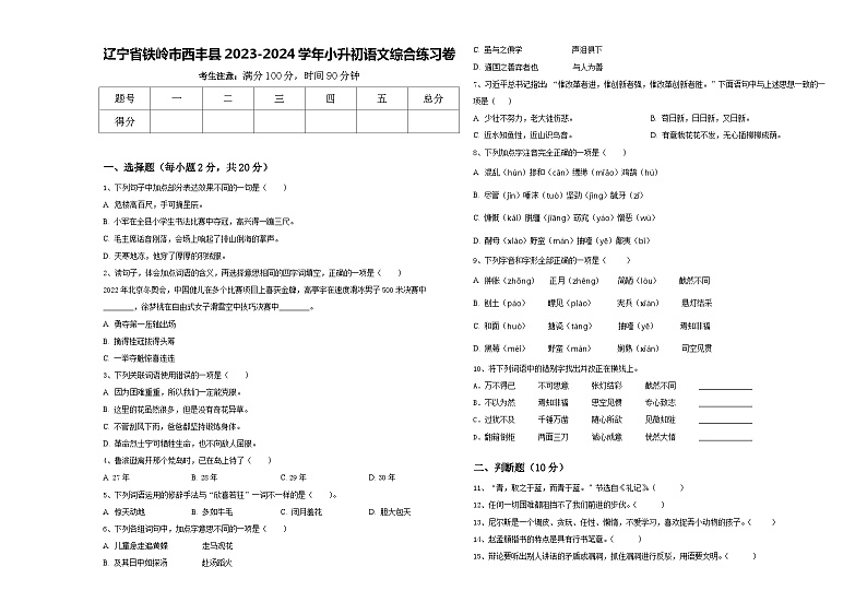 辽宁省铁岭市西丰县2023-2024学年小升初语文综合练习卷含答案01