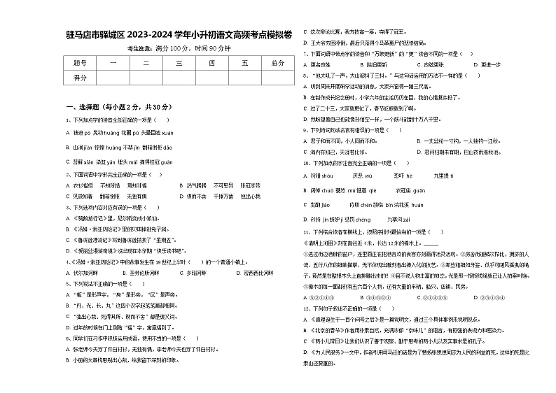 驻马店市驿城区2023-2024学年小升初语文高频考点模拟卷含答案第1页