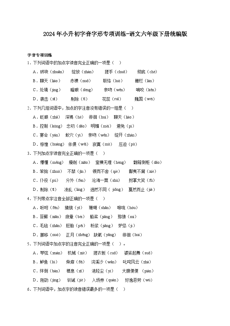 统编版语文六年级下册2024年小升初字音字形专项训练（含答案）