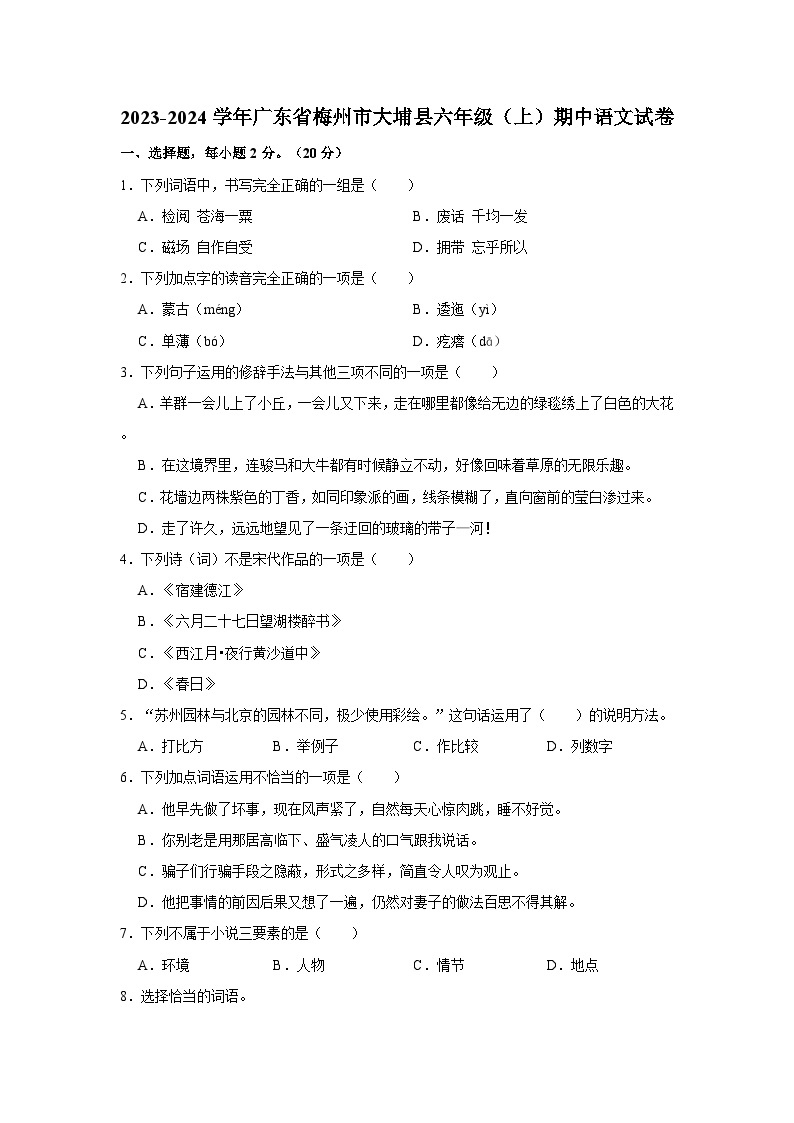 2023-2024学年广东省梅州市大埔县六年级（上）期中语文试卷01