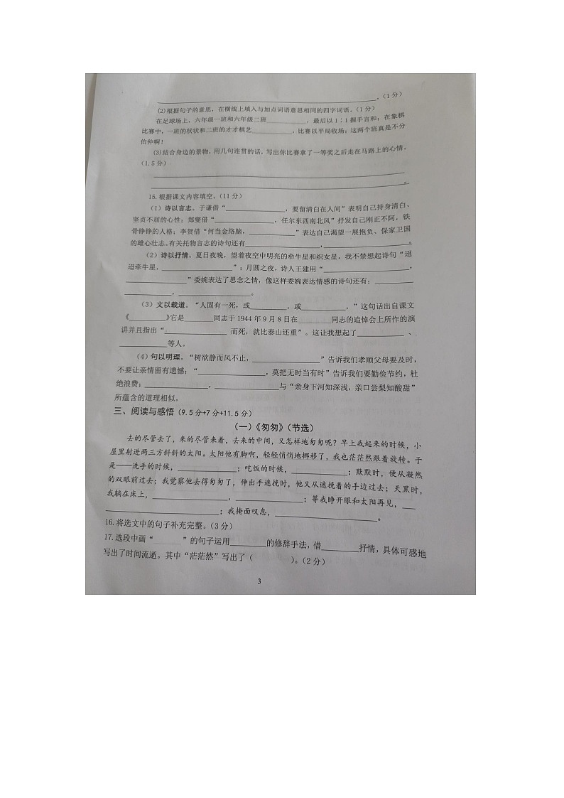 江苏省扬州市高邮市菱塘回族乡教育中心校2023-2024学年六年级下学期4月期中语文试题第3页
