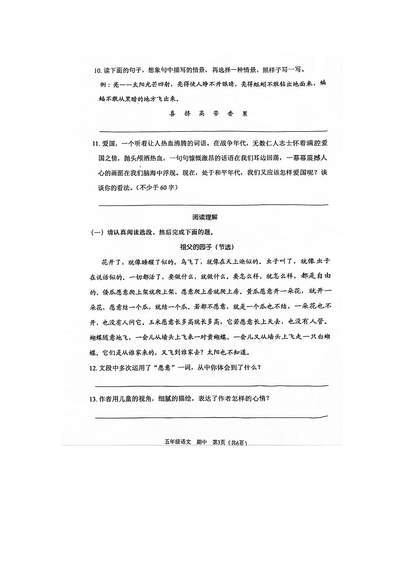 广东省深圳市龙岗区乐淮实验学校2023-2024学年五年级下学期4月期中语文试题第2页