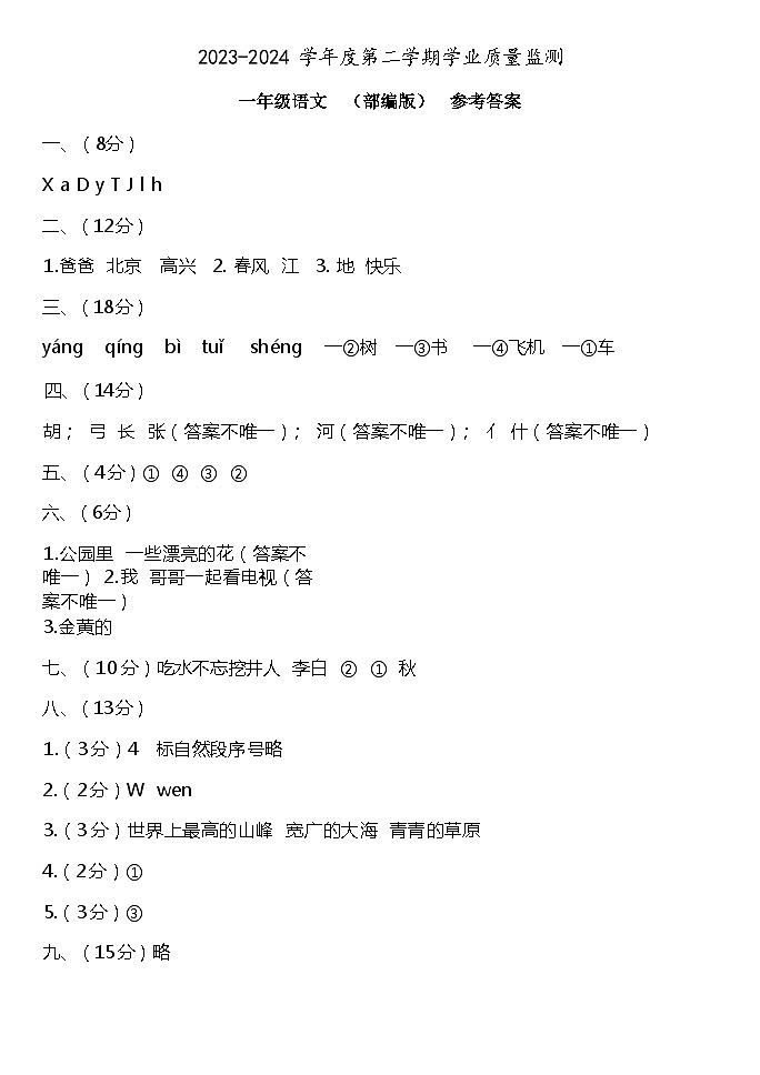河北省保定市望都县2023-2024学年一年级下学期期中考试语文试卷01