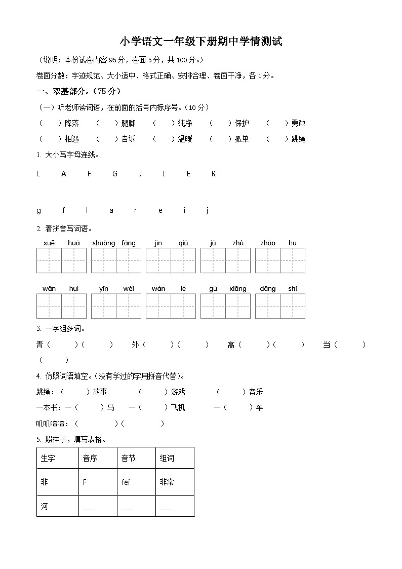 2023-2024学年河南省三门峡市灵宝市部编版一年级下册期中考试语文试卷(原卷版)第1页