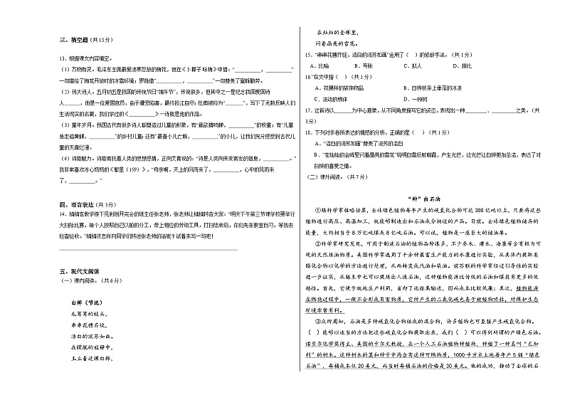甘肃省定西市2023-2024学年四年级下学期期中段语文学科素养测评卷02