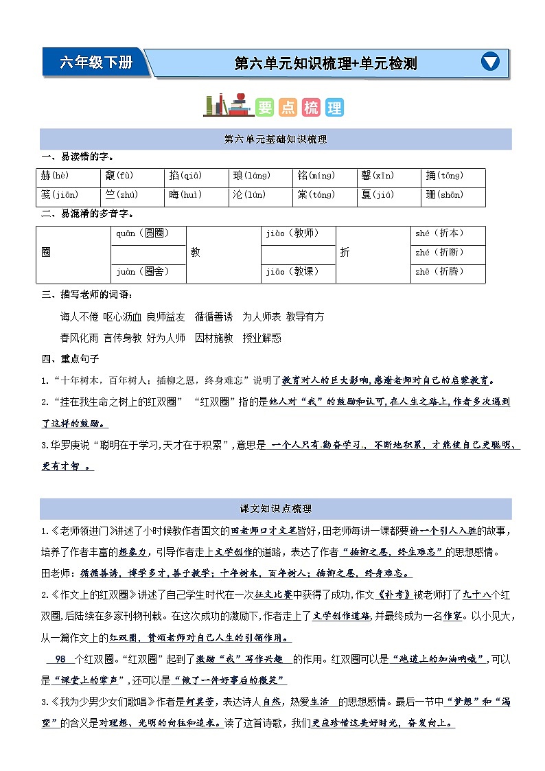 6、六年级下册语文 第六单元(知识清单)2023-2024学年六年级语文下册期末考点集训(统编版)第1页
