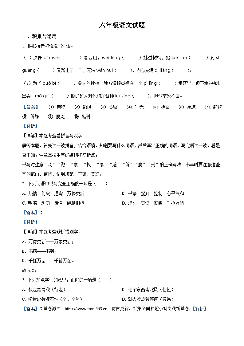 2023-2024学年江苏省徐州市丰县部编版六年级下册期中考试语文试卷01