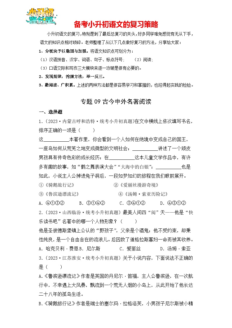 专题09 古今中外名著阅读-【真题汇编】2024年小升初语文冲刺真题分类汇编（统编版）