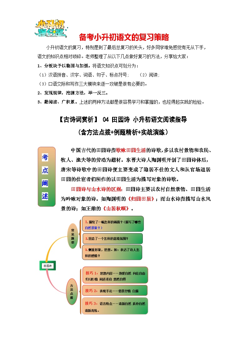 【古诗词鉴赏】 04 田园诗 小升初语文阅读指导(含方法点拨+例题精析+实战演练）