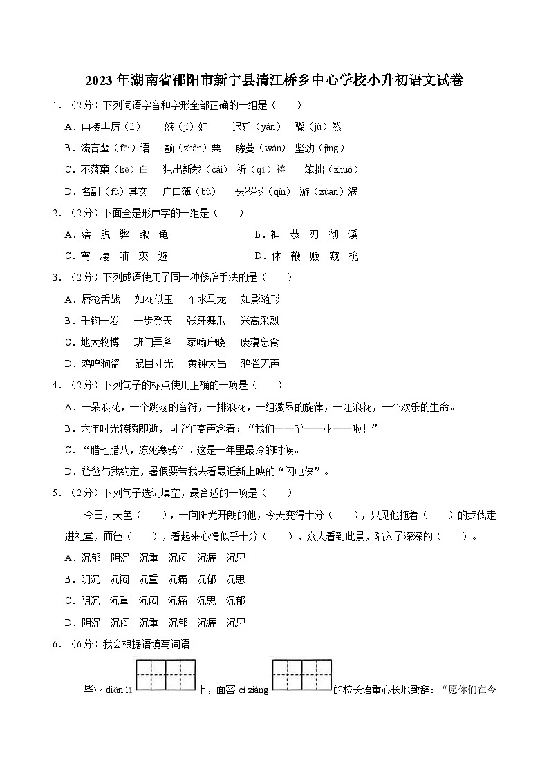 2023年湖南省邵阳市新宁县清江桥乡中心学校小升初语文试卷01