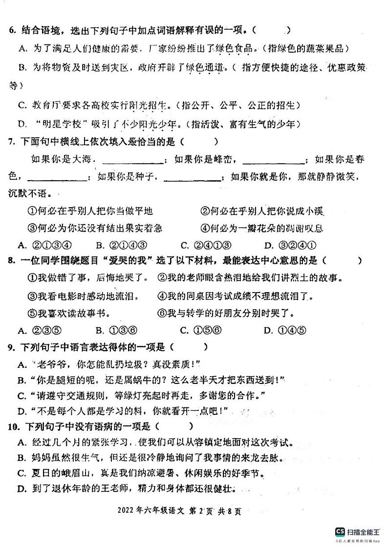 四川省自贡市大安区2021-2022学年六年级下学期期末毕业考试语文试卷第2页