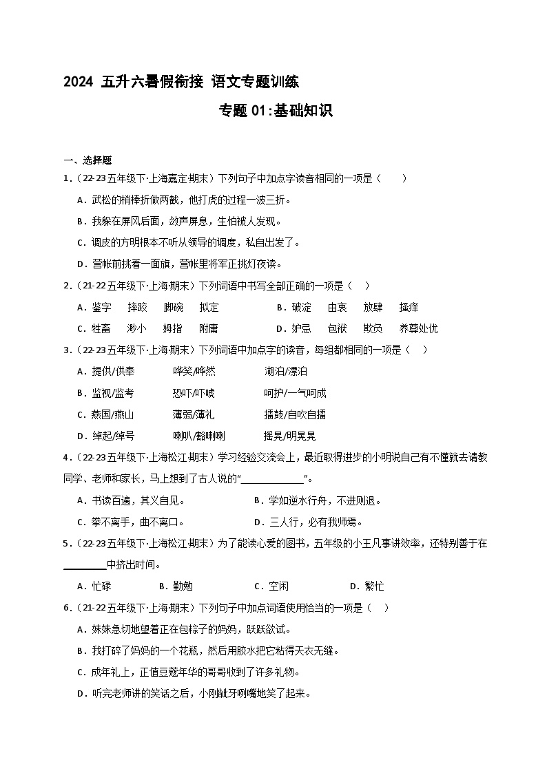 专题01 基础知识（原卷+答案与解释）2024暑假五升六衔接 语文分类训练（统编版全国通用）