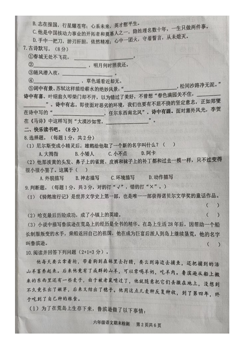 江西省赣州市大余县2023-2024学年六年级下学期6月期末语文试题第2页