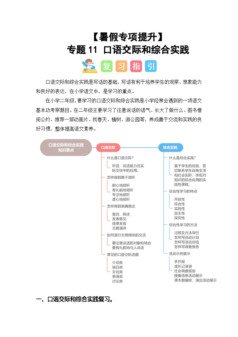 2024年二升三语文暑假专题训练 专题11 口语交际和综合实践