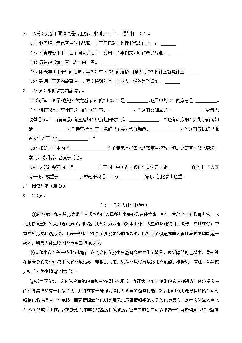 2024年山东省临沂市临沭县小升初语文试卷02
