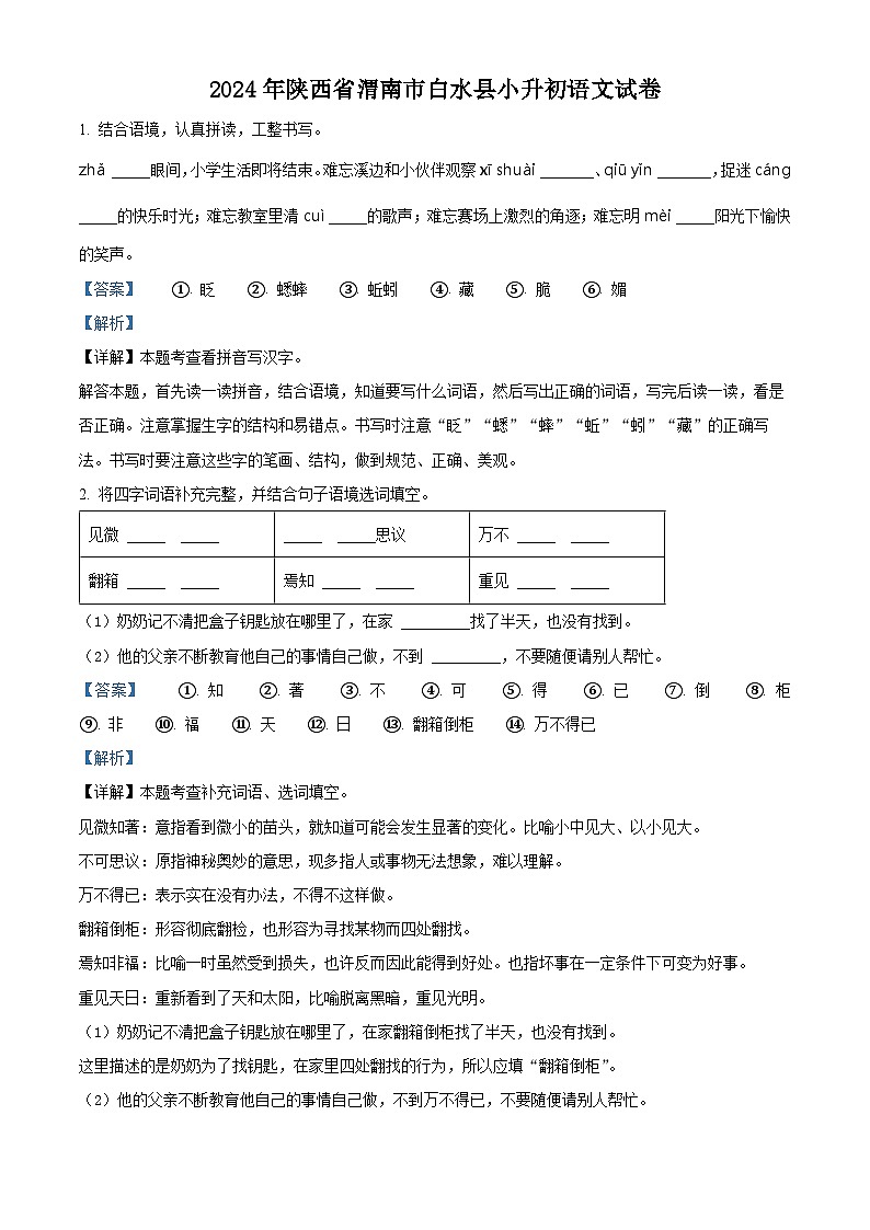 2024年陕西省渭南市白水县小升初考试语文试卷(原卷版+解析版)01