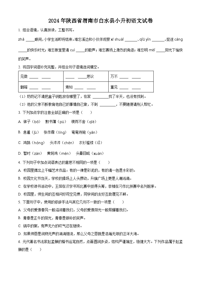 2024年陕西省渭南市白水县小升初考试语文试卷(原卷版+解析版)01
