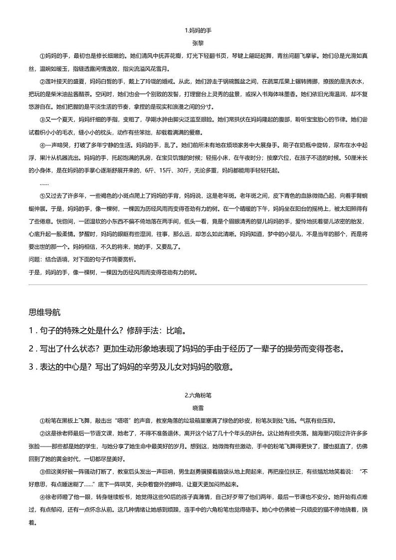 小升初语文系统复习下册第三阶梯 记叙文阅读专题 四 赏析富有表现力的句子第2页