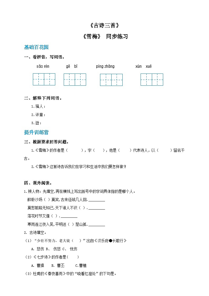 四年级上册语文-雪梅(人教部编版)【当堂达标题】01