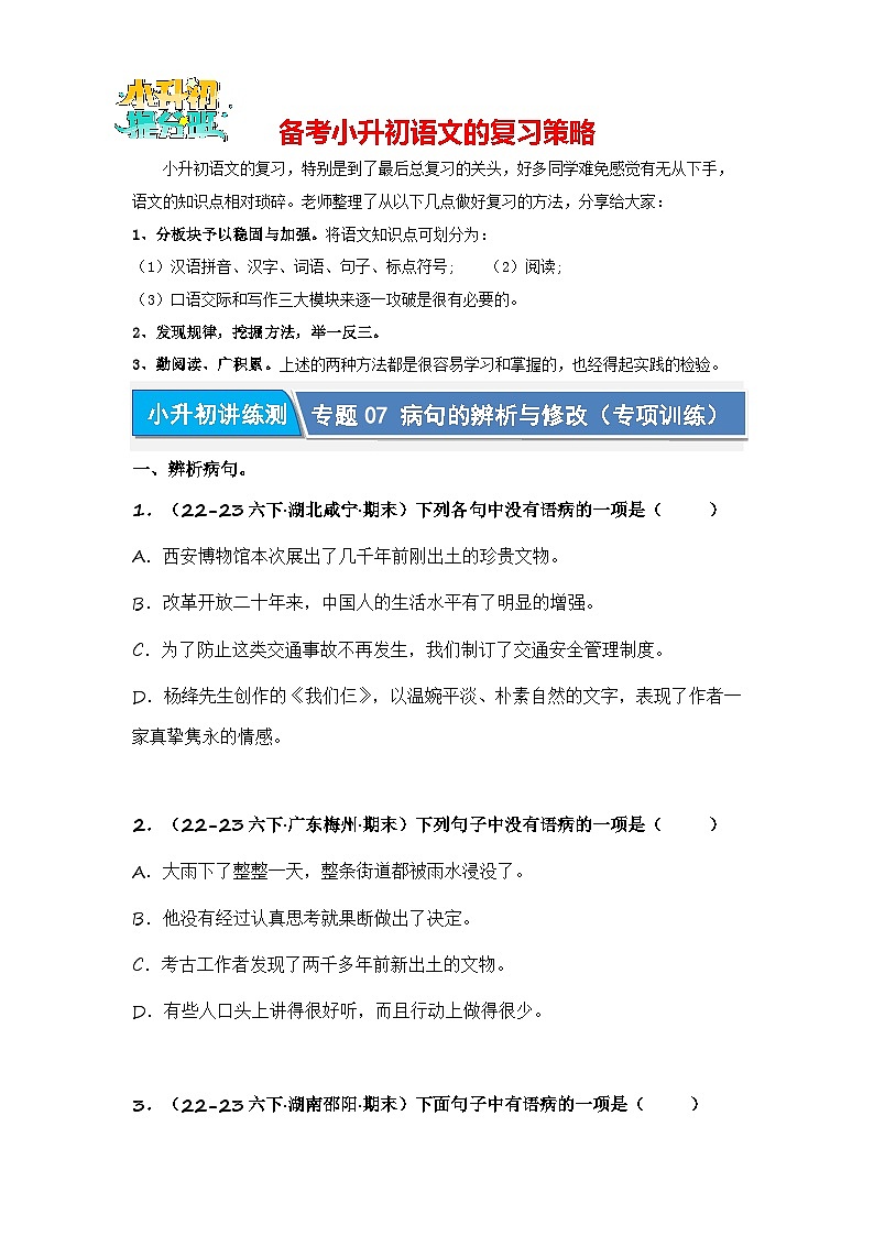 专题07 病句的辨析与修改(专项训练)-2024年小升初语文复习专项训练(统编版)01