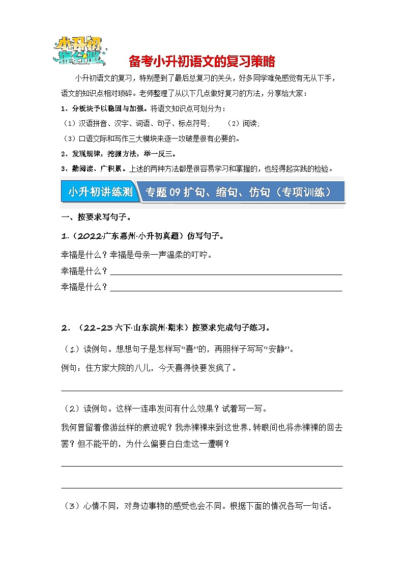 专题09 扩句、缩句、仿句(专项训练)-2024年小升初语文复习专项训练(统编版)01