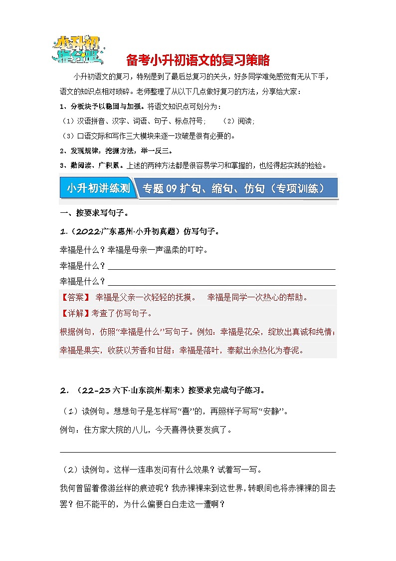 专题09 扩句、缩句、仿句(专项训练)-2024年小升初语文复习专项训练(统编版)01