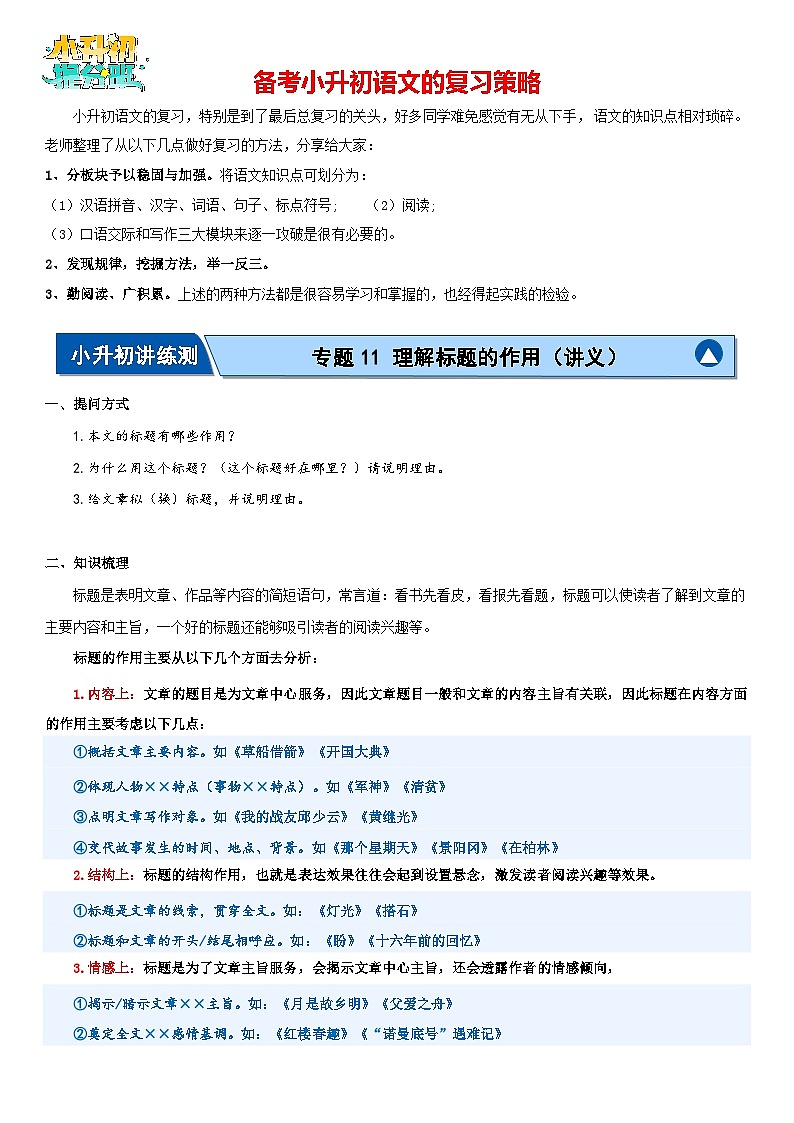 专题11 理解标题的作用(讲义)-2024年小升初语文复习讲义(统编版)01