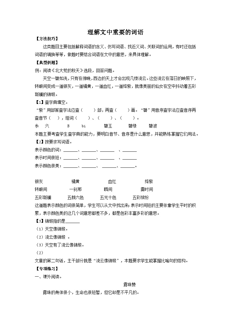 【暑假阅读】部编版三升四现代文阅读衔接讲义 专题03 理解文中重要的词语（有答案解析）