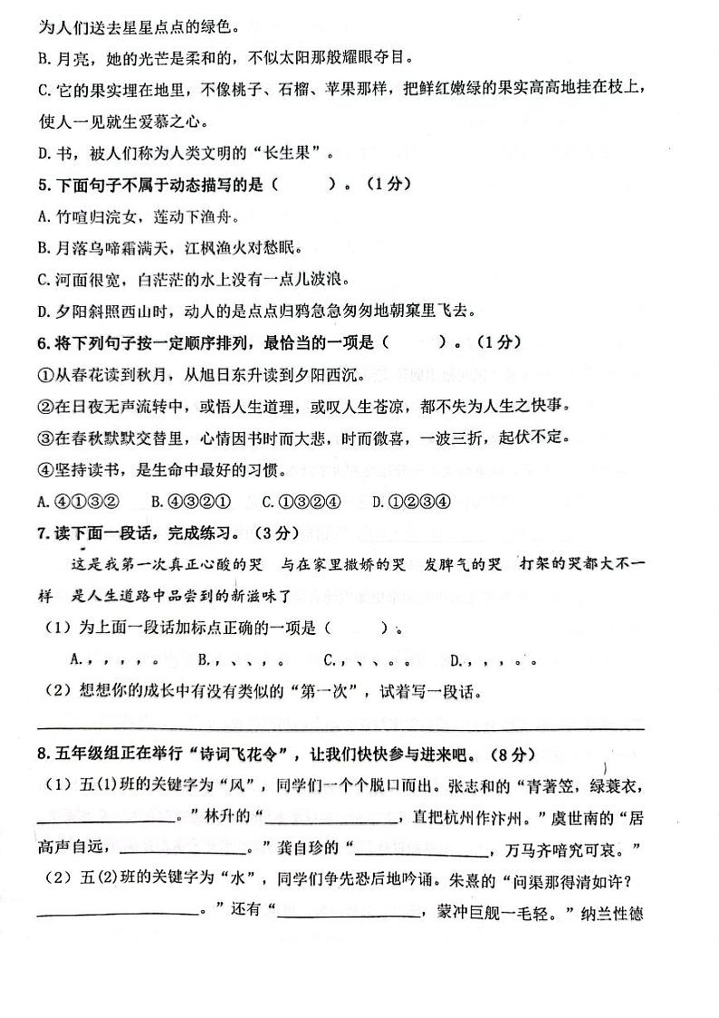 山东省滨州市阳信县2023-2024学年五年级上学期期末语文试题及答案第2页