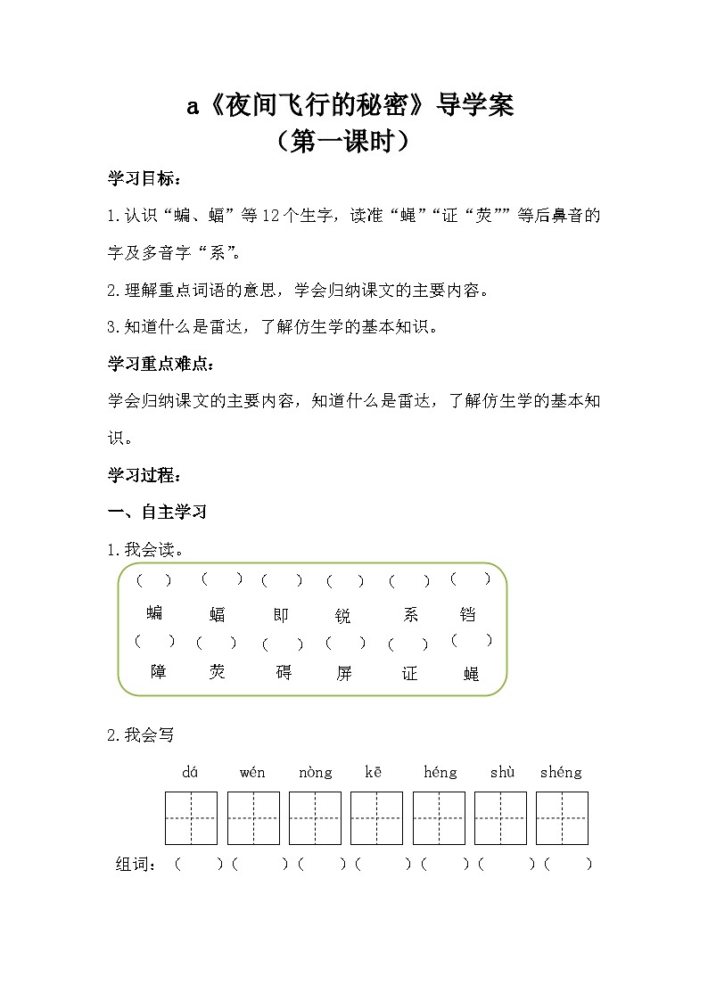 6《夜间飞行的秘密》第一课时导学案2024-2025学年统编版语文四年级上册01