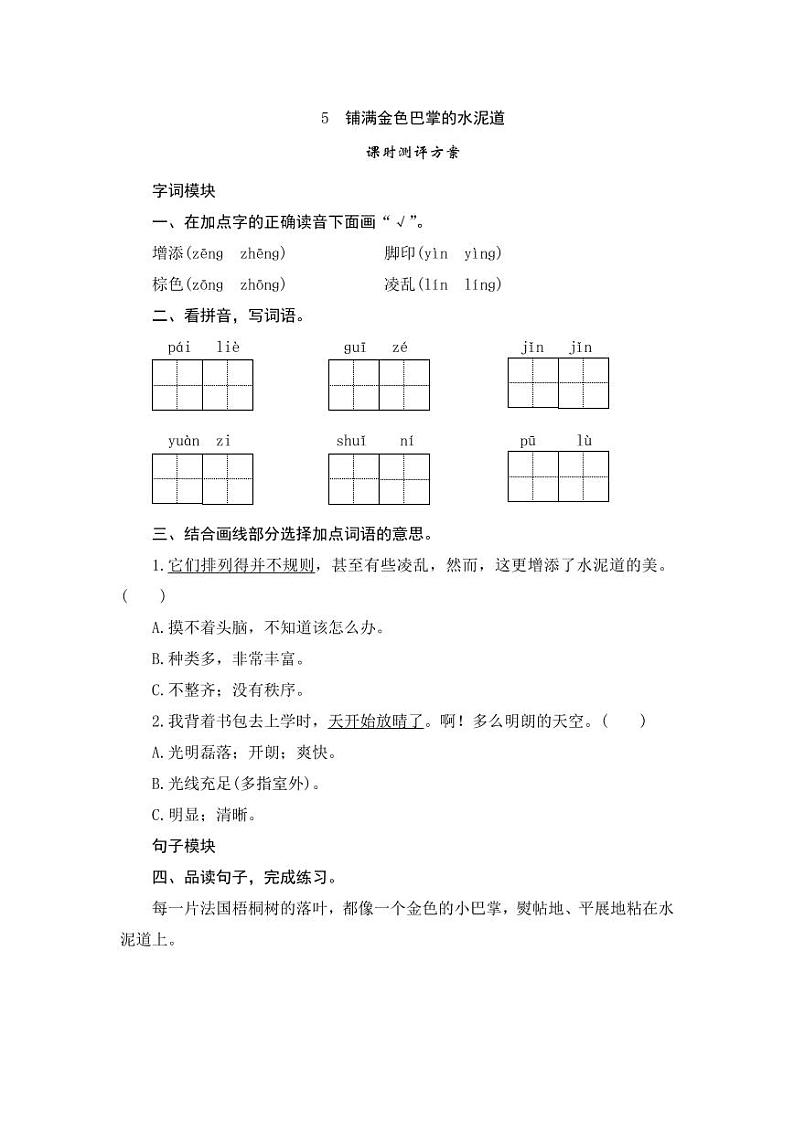 部编版语文三上 5《铺满金色巴掌的水泥道》课件PPT+练习(含答案)01