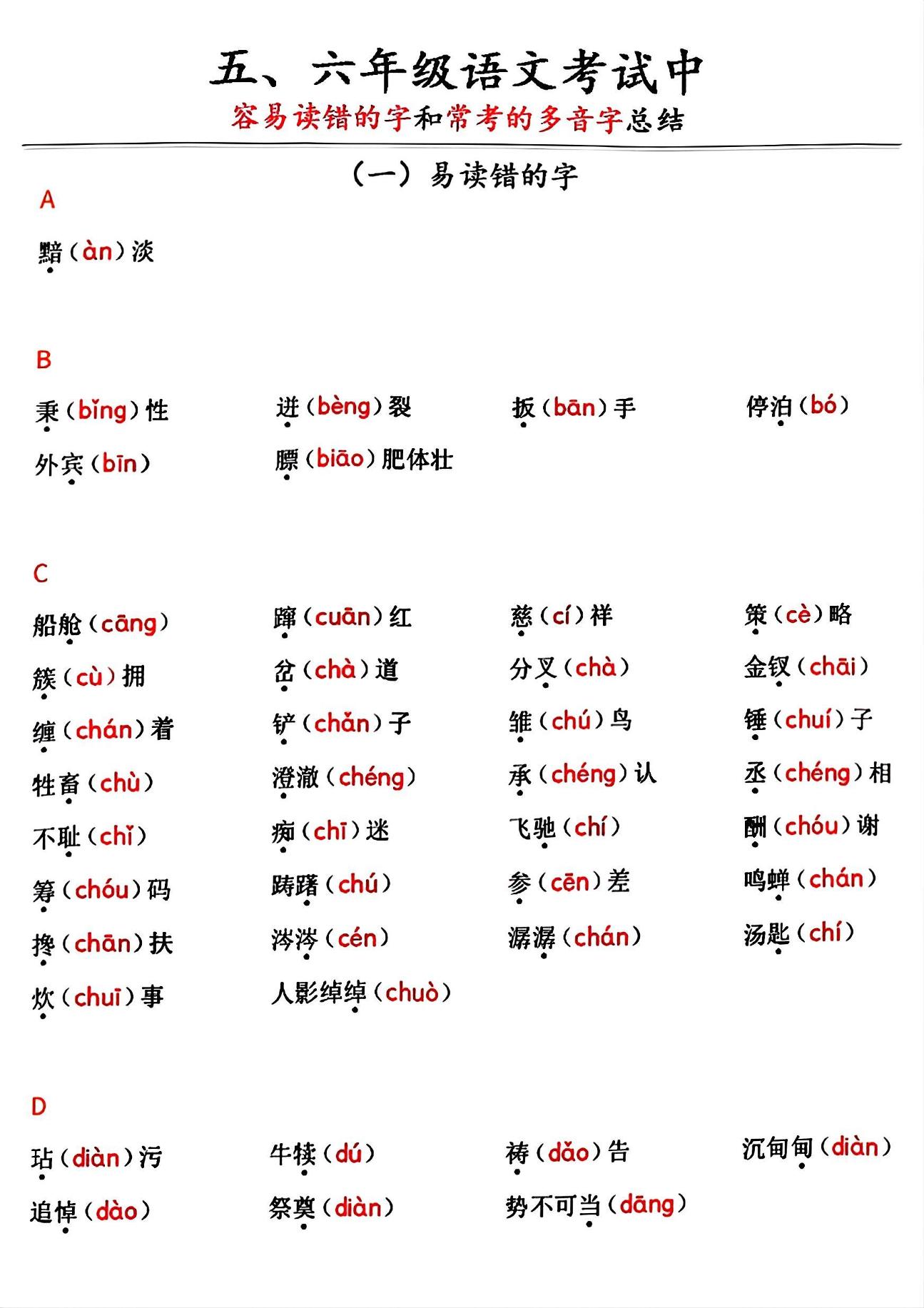 五六年级语文考试中《易读错的字》和《常考的多音字》总结