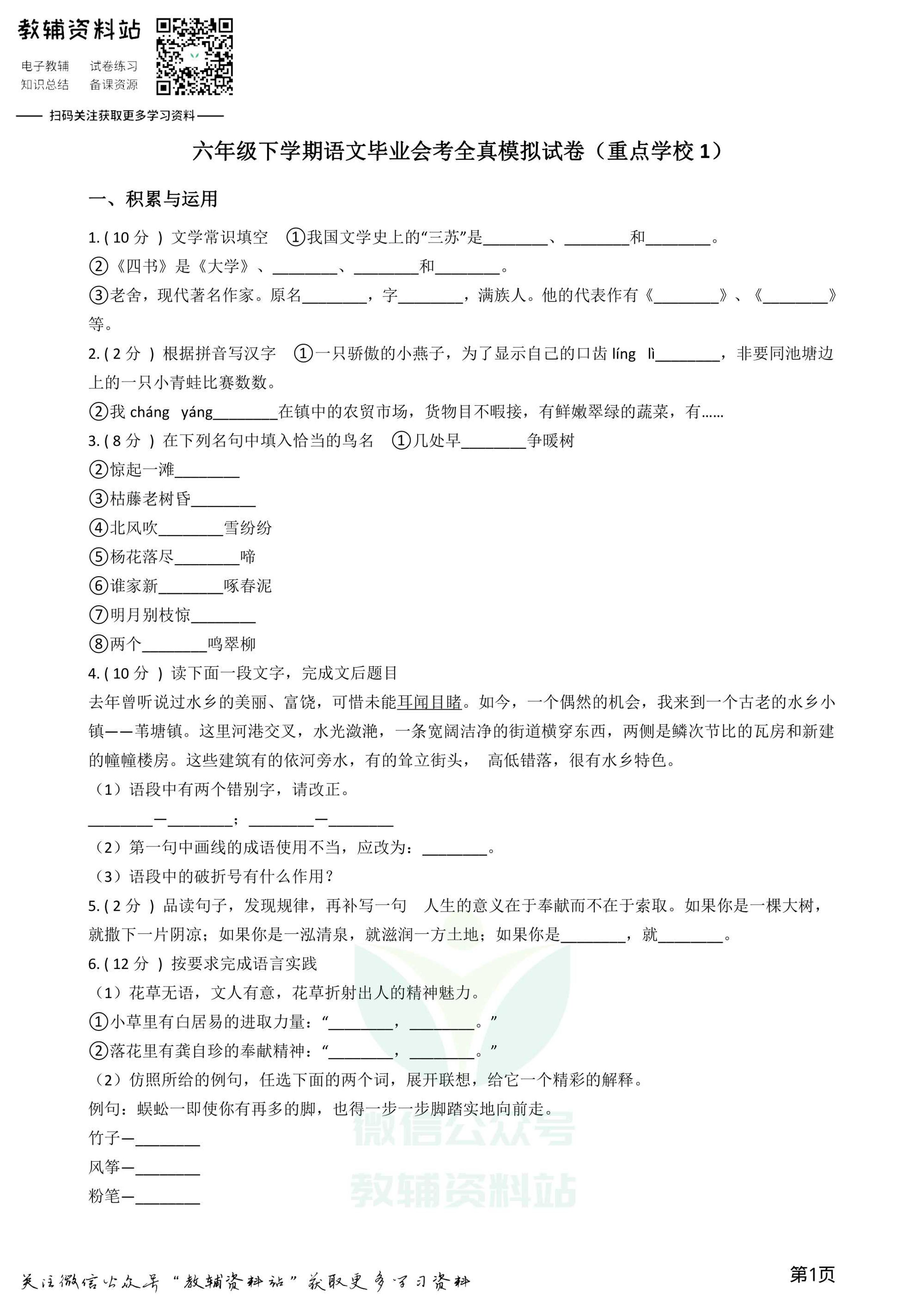 小升初语文模拟试卷（重点学校1）（含答案和解析）