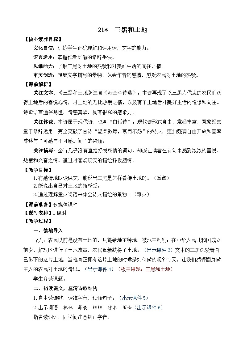 统编版(2024)六年级语文上册21 三黑和土地 精华版教案第1页