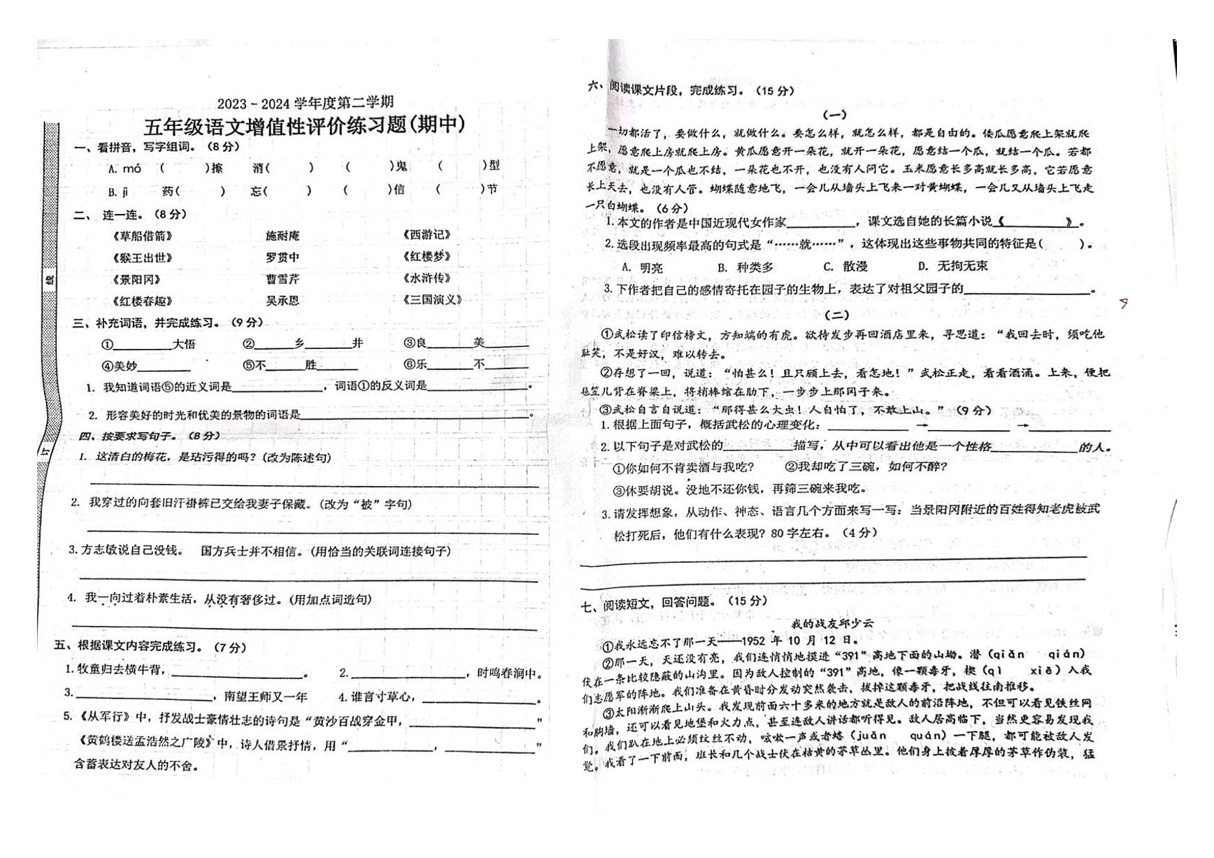 广东省汕尾市海丰县梅陇镇2023-2024学年五年级下学期期中语文试题