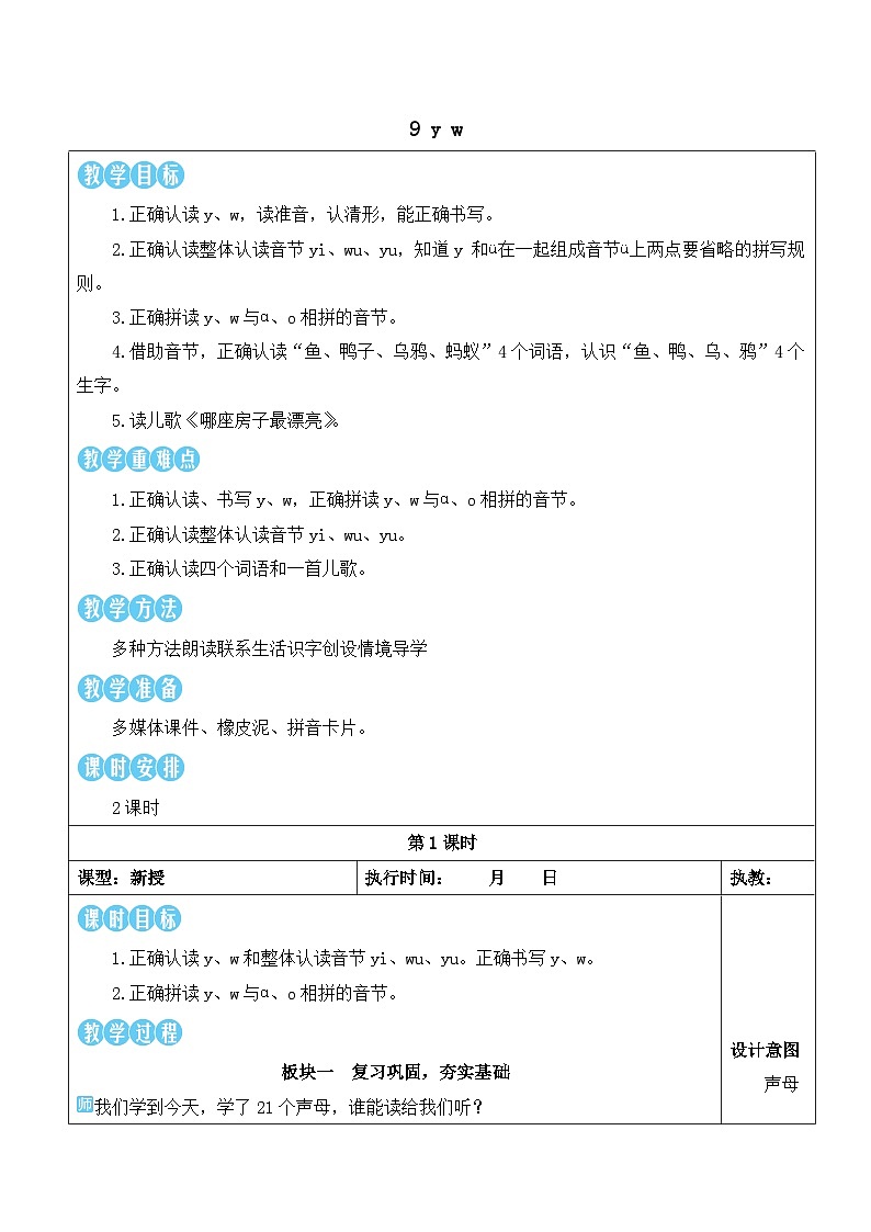 统编版2024(秋)语文一上 汉语拼音9《 y w 》课件+教案+音视频素材01