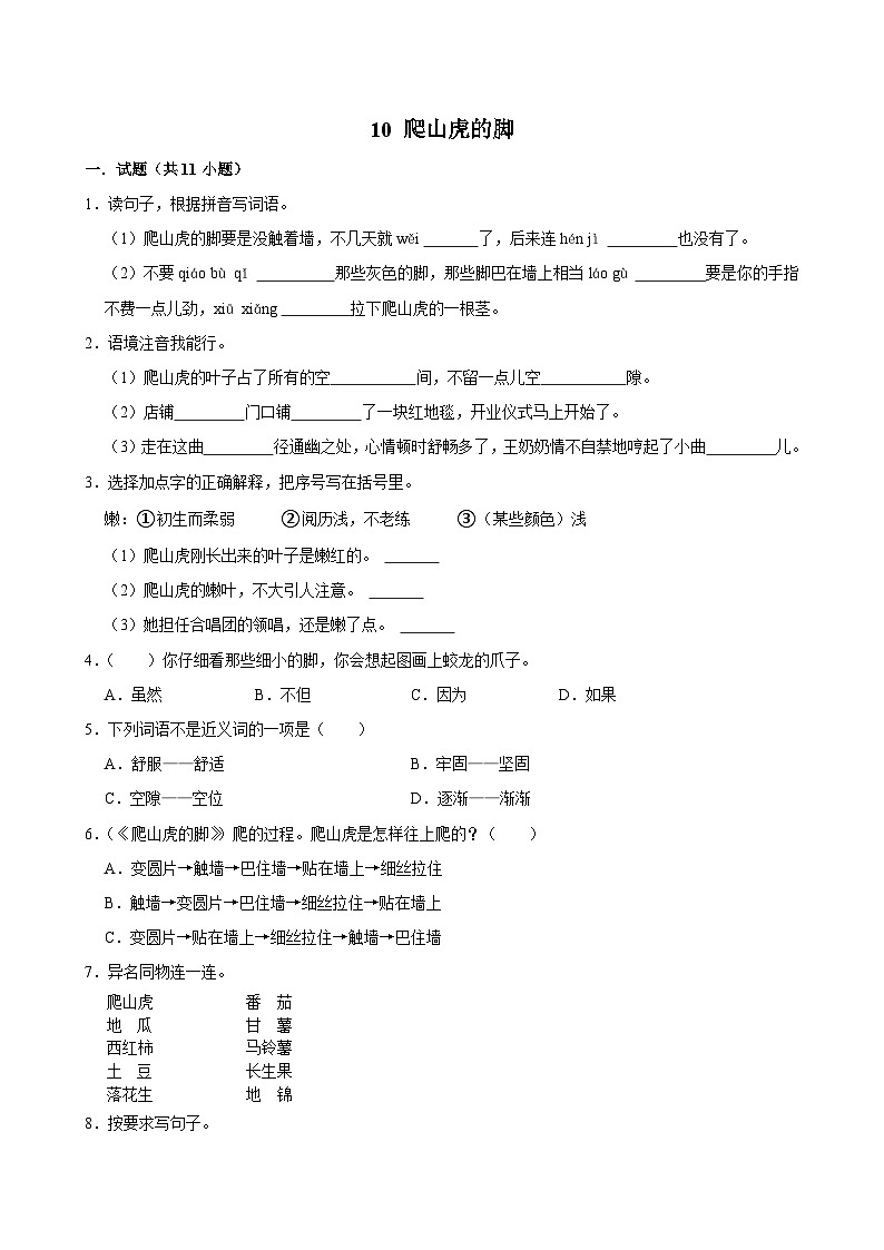 10 爬山虎的脚(拔尖练习)2024-2025学年四年级上册语文统编版01
