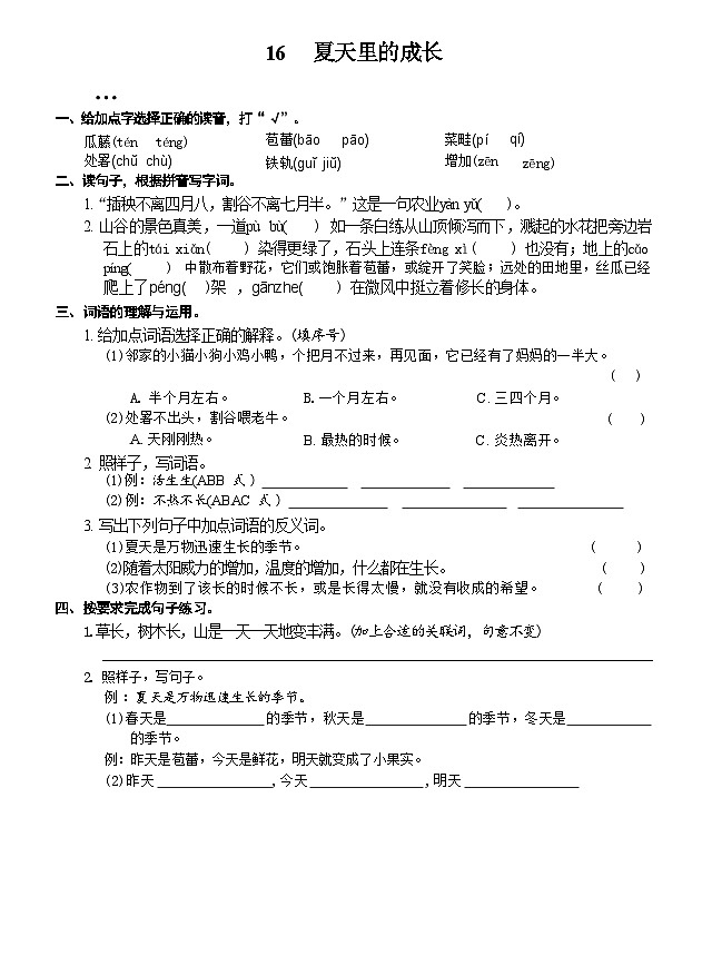 16 夏天里的成長(zhǎng)(同步練習(xí))2024-2025學(xué)年統(tǒng)編版語文六年級(jí)上冊(cè)第1頁